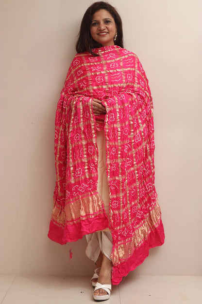 Stunning Pink Bandhani Gajji Silk Dupatta - Luxurion World