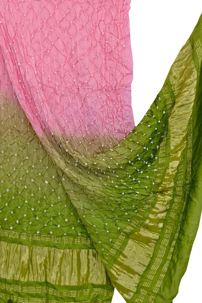 Stunning Pink And Green Bandhani Modal Silk Dupatta - Luxurion World
