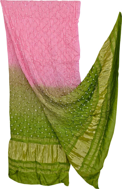 Stunning Pink And Green Bandhani Modal Silk Dupatta - Luxurion World