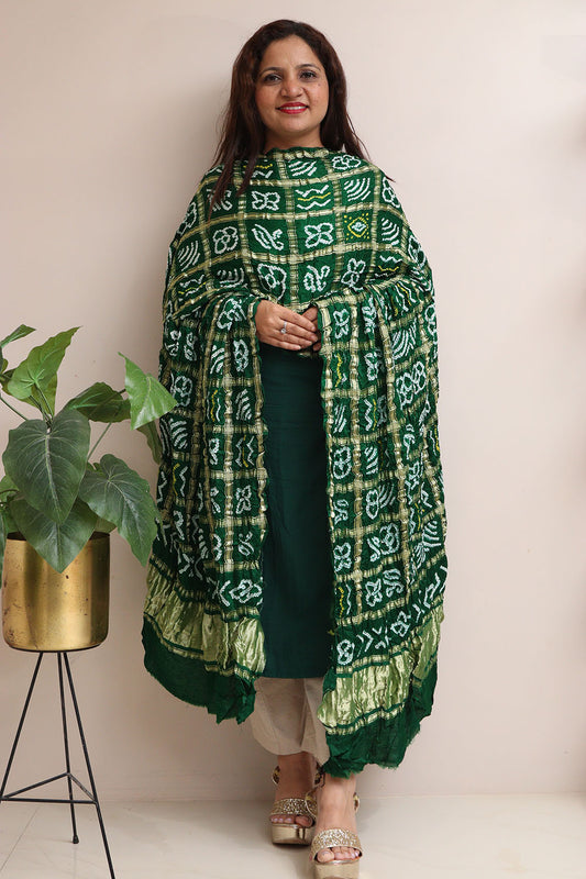 Green Bandhani Pure Gajji Silk Gharchola Design Dupatta - Luxurion World