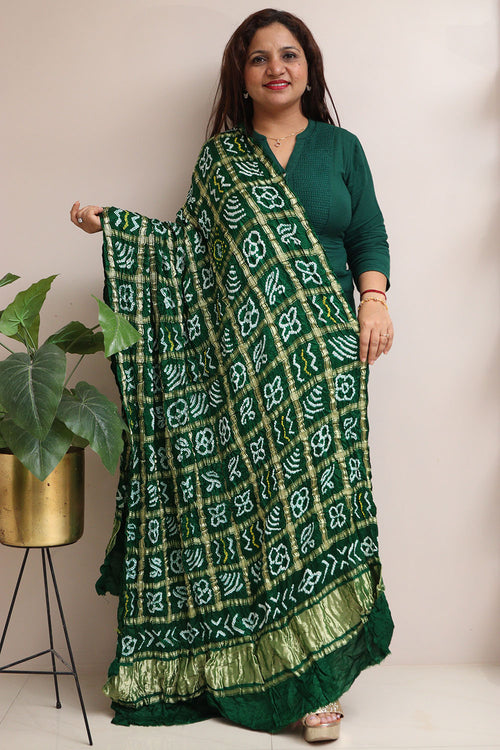 Green Bandhani Pure Gajji Silk Gharchola Design Dupatta - Luxurion World- Crafted Heirlooms