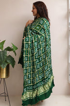 Green Bandhani Pure Gajji Silk Gharchola Design Dupatta - Luxurion World- Crafted Heirlooms