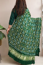 Green Bandhani Pure Gajji Silk Gharchola Design Dupatta - Luxurion World- Crafted Heirlooms