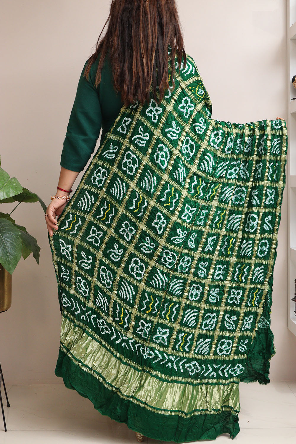 Green Bandhani Pure Gajji Silk Gharchola Design Dupatta - Luxurion World- Crafted Heirlooms