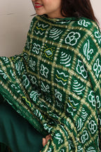 Green Bandhani Pure Gajji Silk Gharchola Design Dupatta - Luxurion World- Crafted Heirlooms