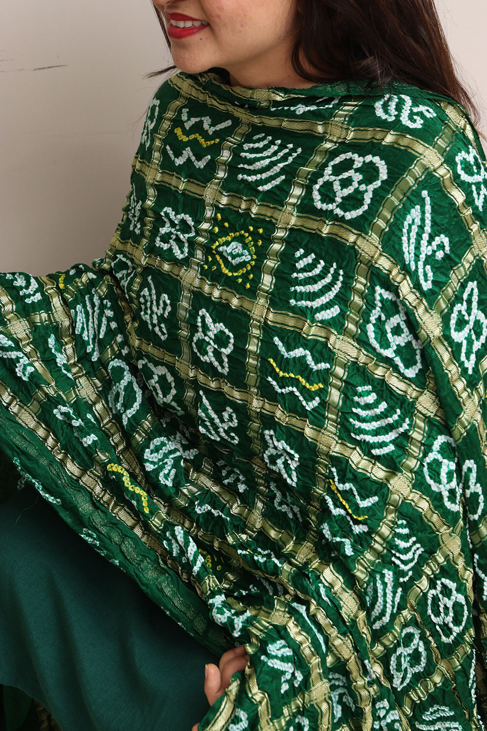 Green Bandhani Pure Gajji Silk Gharchola Design Dupatta - Luxurion World- Crafted Heirlooms