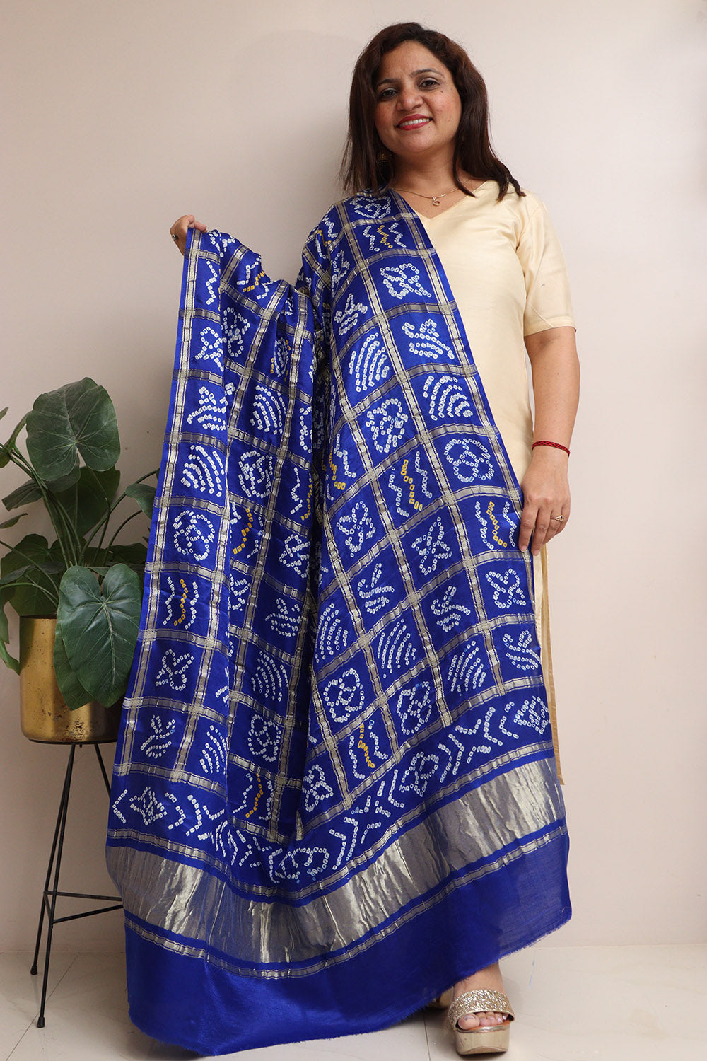 Blue Checks Bandhani Pure Gajji Silk Tissue Border Dupatta - Luxurion World
