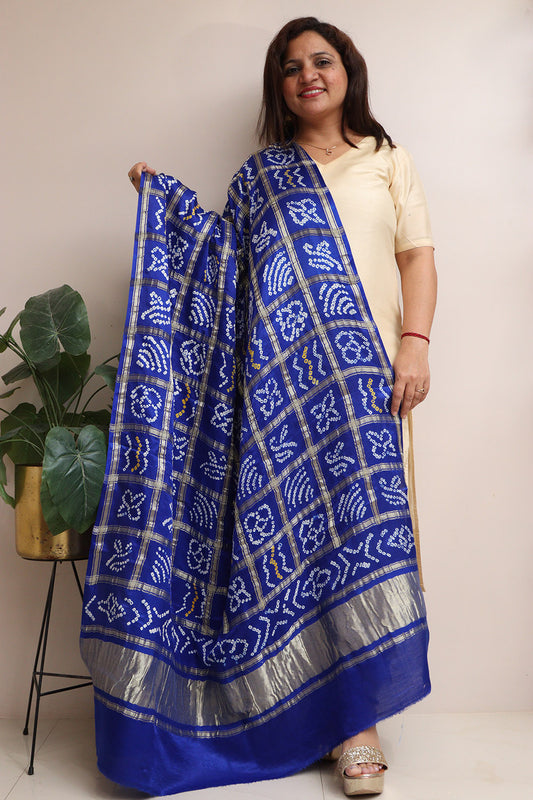 Blue Checks Bandhani Pure Gajji Silk Tissue Border Dupatta - Luxurion World