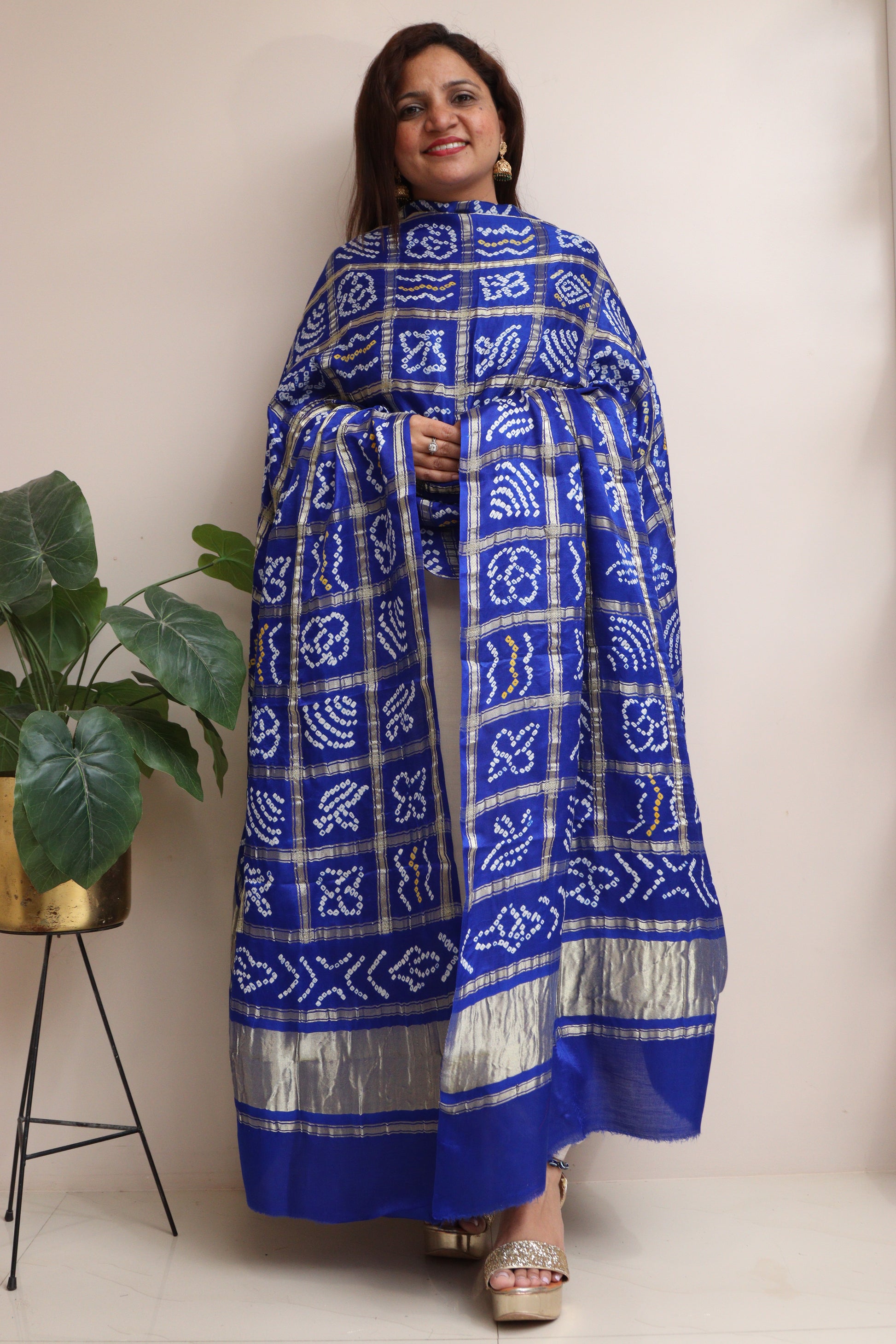 Blue Checks Bandhani Pure Gajji Silk Tissue Border Dupatta - Luxurion World