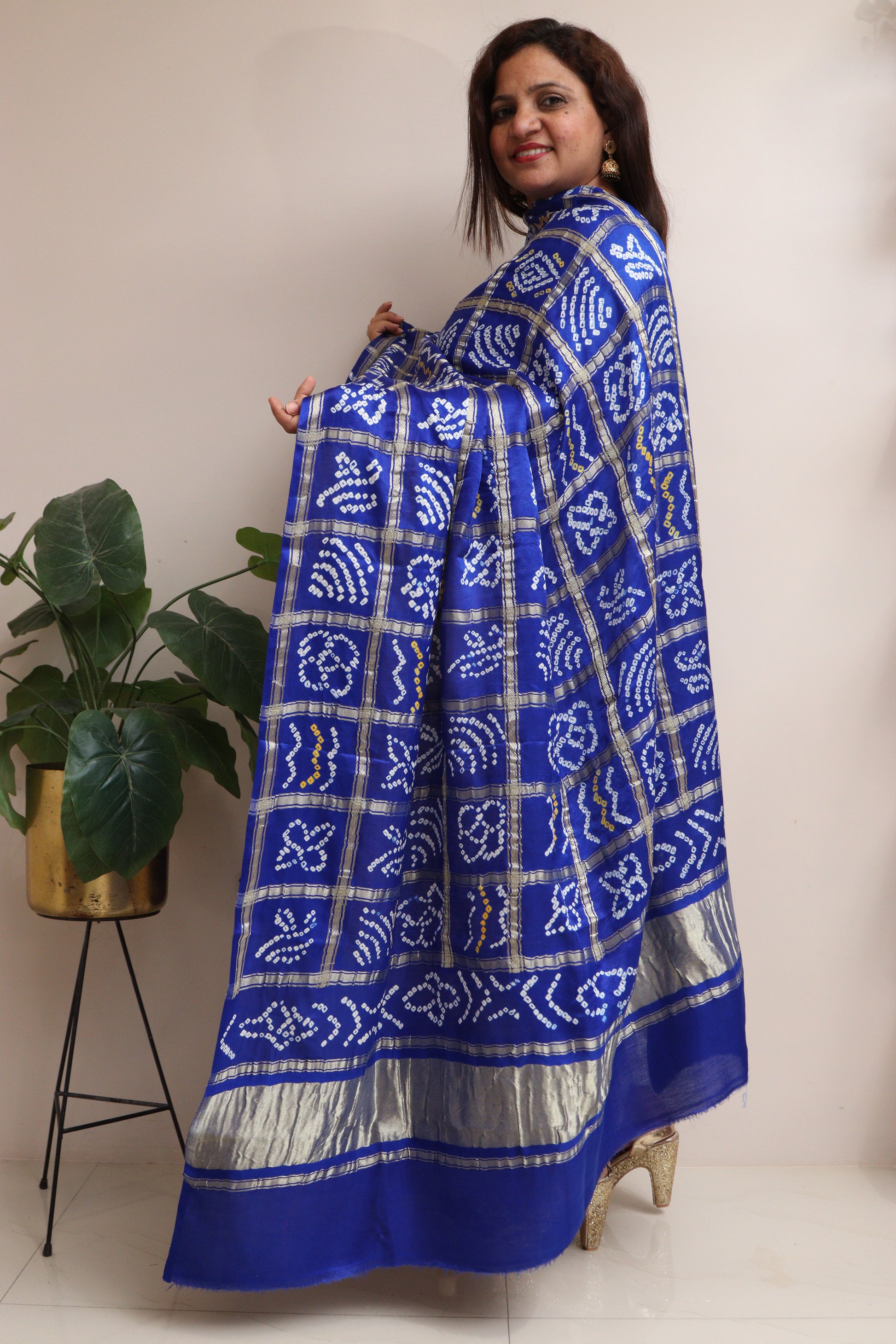 Blue Checks Bandhani Pure Gajji Silk Tissue Border Dupatta - Luxurion World