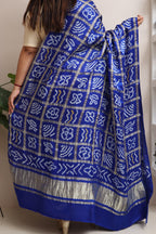 Blue Checks Bandhani Pure Gajji Silk Tissue Border Dupatta - Luxurion World