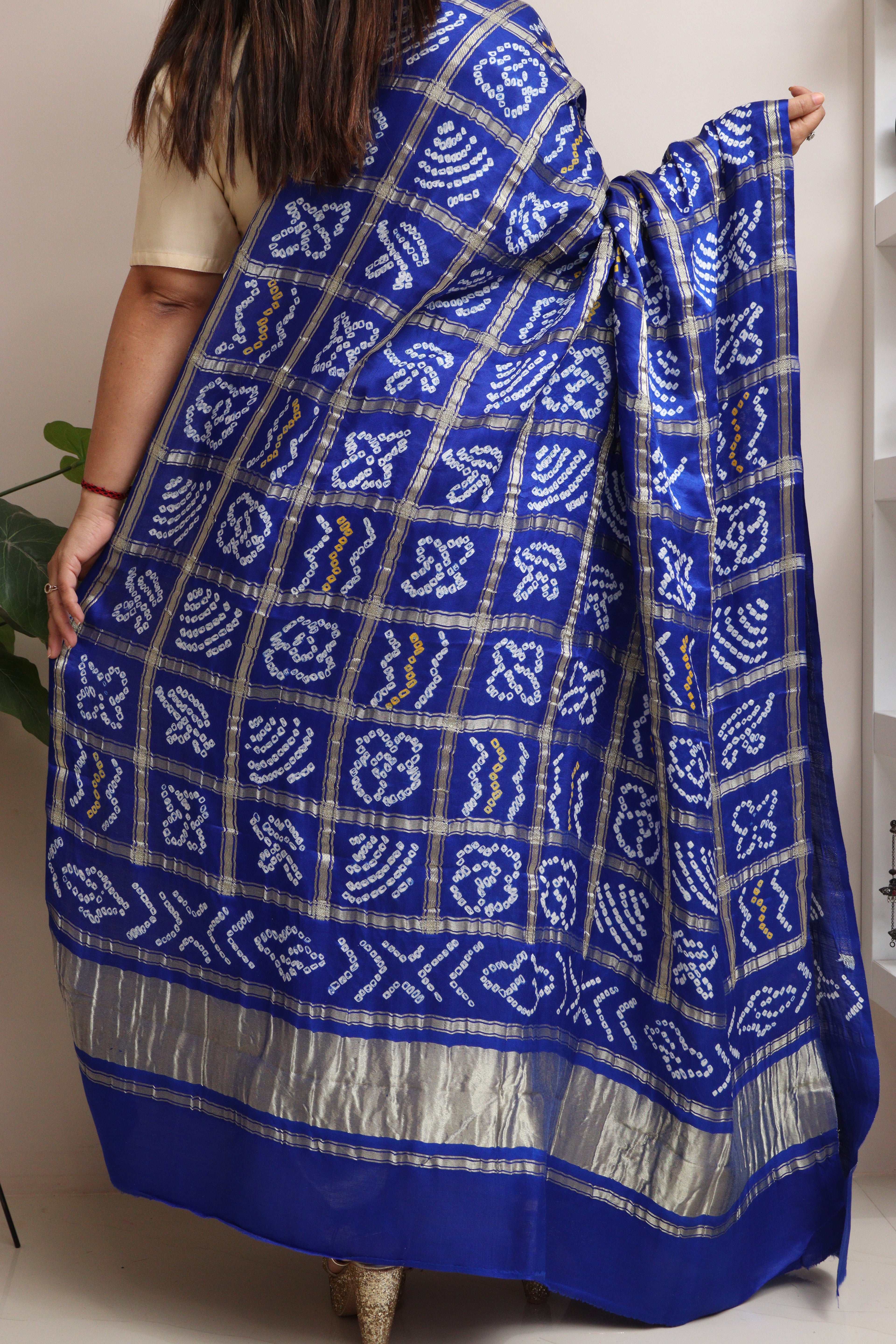 Blue Checks Bandhani Pure Gajji Silk Tissue Border Dupatta - Luxurion World