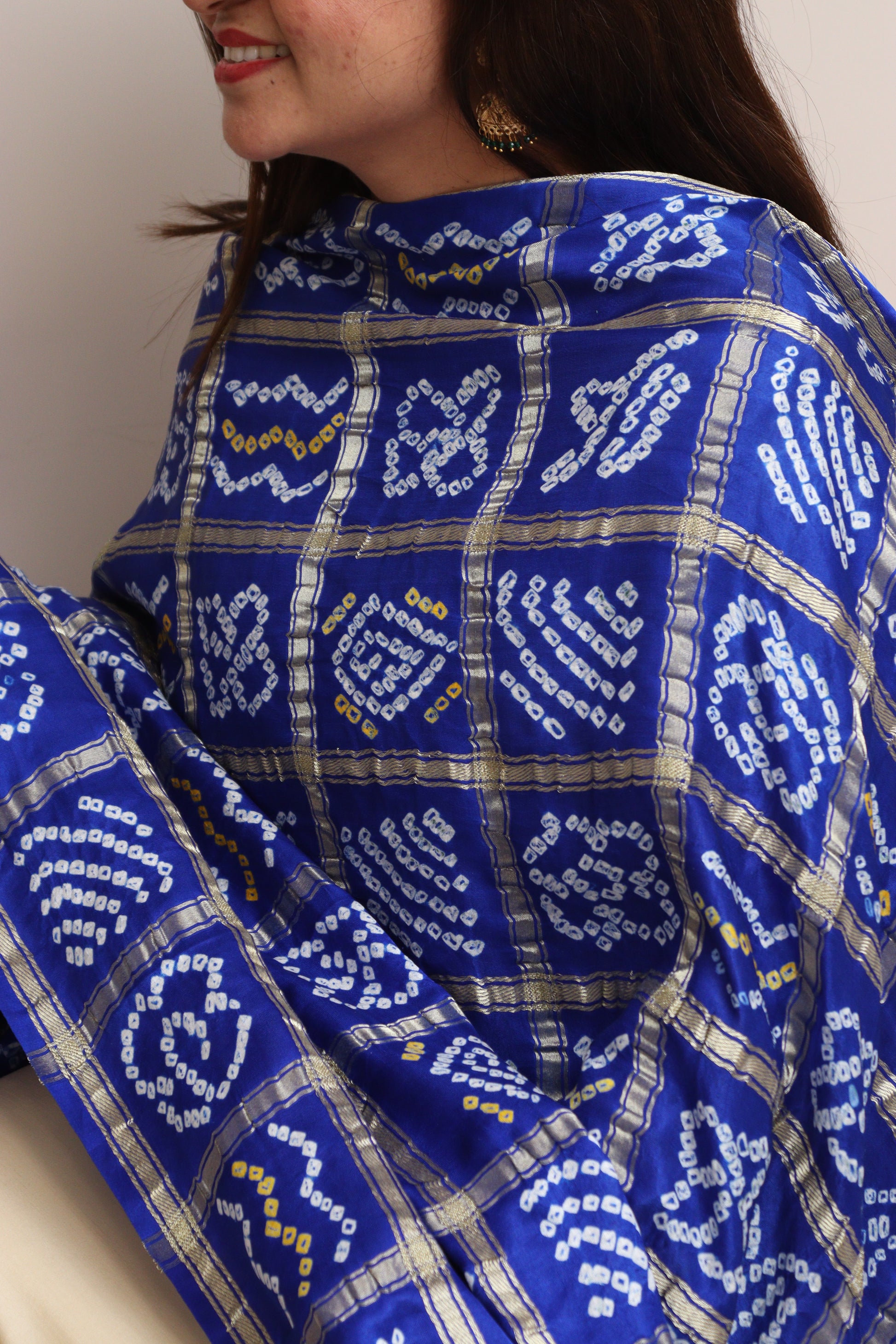 Blue Checks Bandhani Pure Gajji Silk Tissue Border Dupatta - Luxurion World