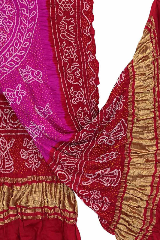 Stunning Pink Bandhani Pure Gajji Silk Dupatta - Luxurion World