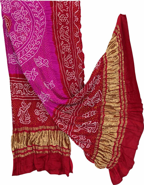 Stunning Pink Bandhani Pure Gajji Silk Dupatta - Luxurion World- Crafted Heirlooms