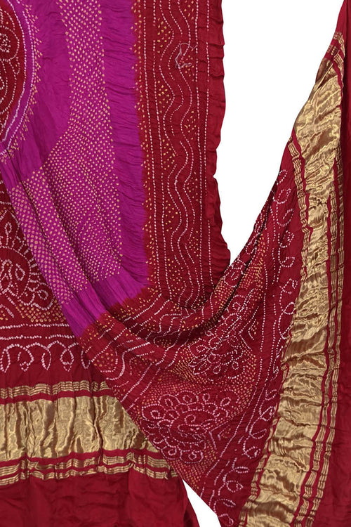 Pink Bandhani Pure Gajji Silk Dupatta - Elegant and Luxurious - Luxurion World- Crafted Heirlooms