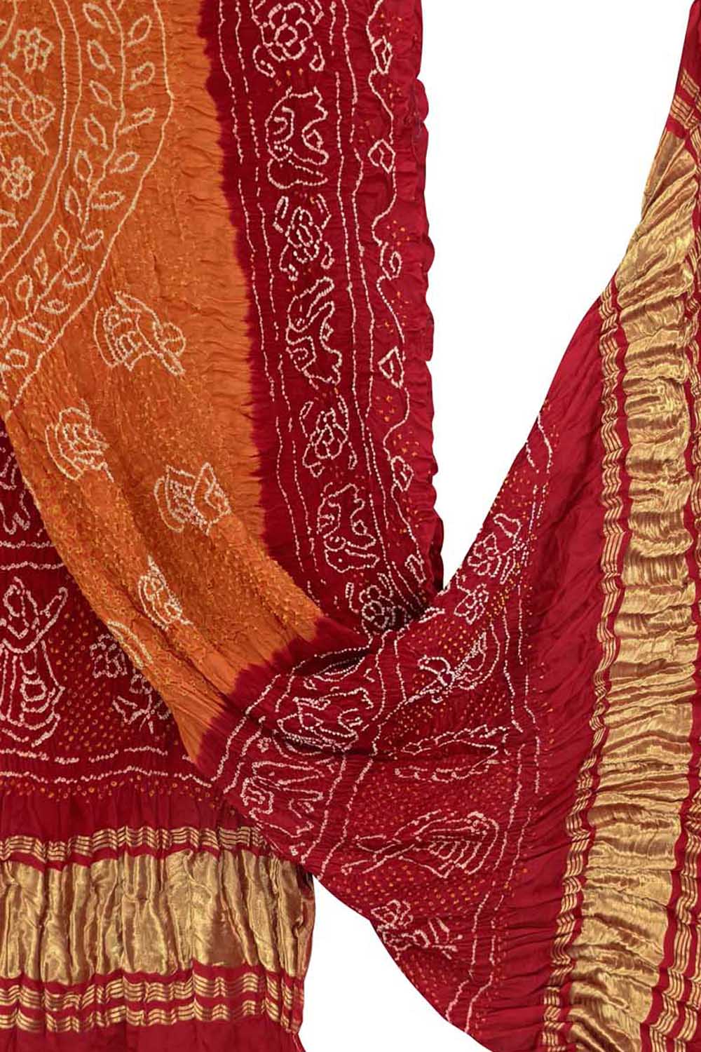 Orange Bandhani Pure Gajji Silk Dupatta - Luxurion World- Crafted Heirlooms
