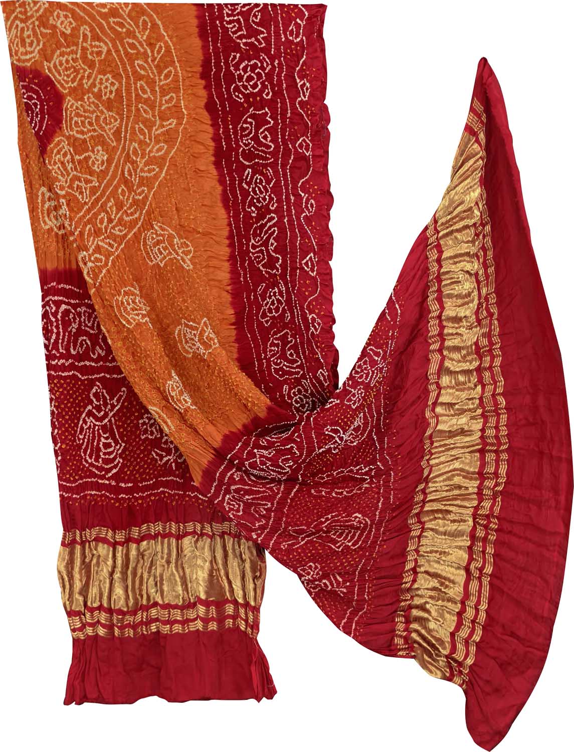 Orange Bandhani Pure Gajji Silk Dupatta - Luxurion World- Crafted Heirlooms