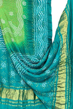 Blue And Green Bandhani Gajji Silk Dupatta - Luxurion World- Crafted Heirlooms