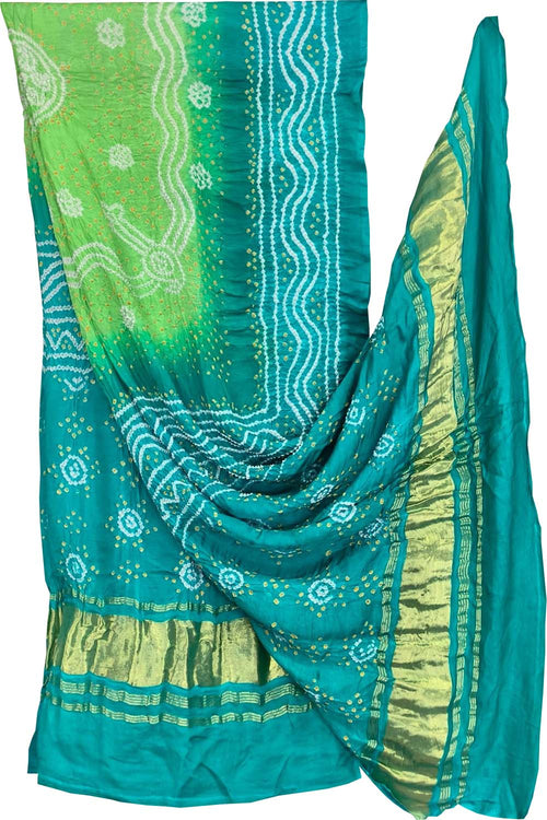 Blue And Green Bandhani Gajji Silk Dupatta - Luxurion World- Crafted Heirlooms