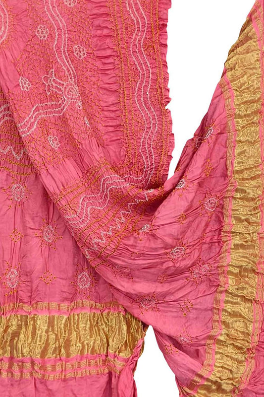 Pink Bandhani Gajji Silk Dupatta - Luxurion World