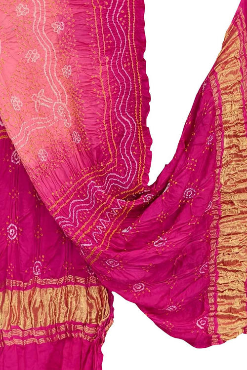 Pink Bandhani Gajji Silk Dupatta - Luxurion World- Crafted Heirlooms