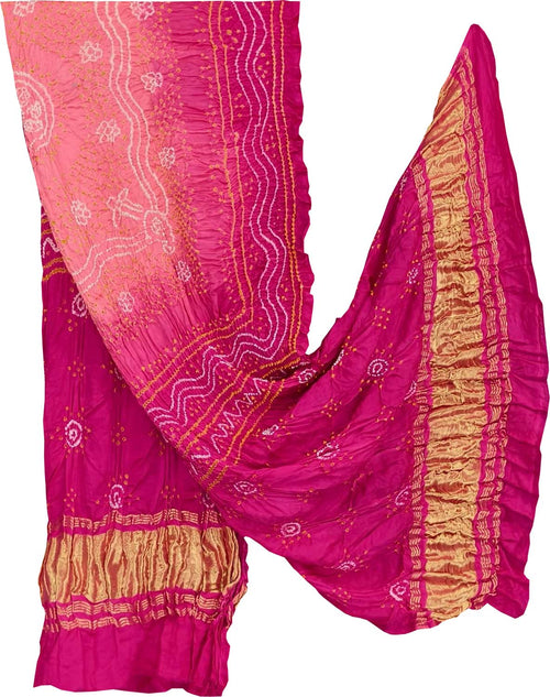 Pink Bandhani Gajji Silk Dupatta - Luxurion World- Crafted Heirlooms
