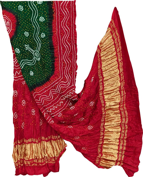 Green And Red Bandhani Gajji Silk Dupatta - Luxurion World- Crafted Heirlooms
