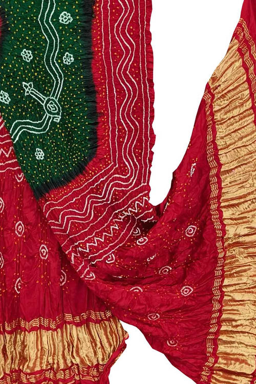 Green And Red Bandhani Gajji Silk Dupatta - Luxurion World- Crafted Heirlooms