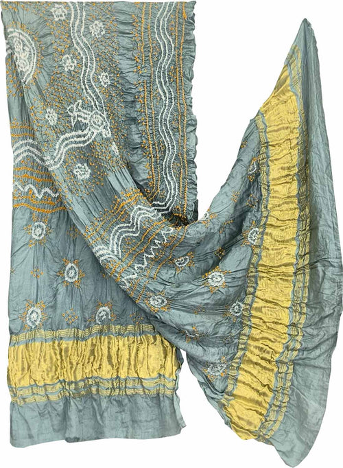 Grey Bandhani Gajji Silk Dupatta - Luxurion World- Crafted Heirlooms