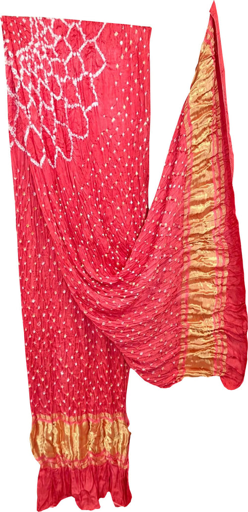 Red Bandhani Modal Silk Dupatta With Tissue Border
