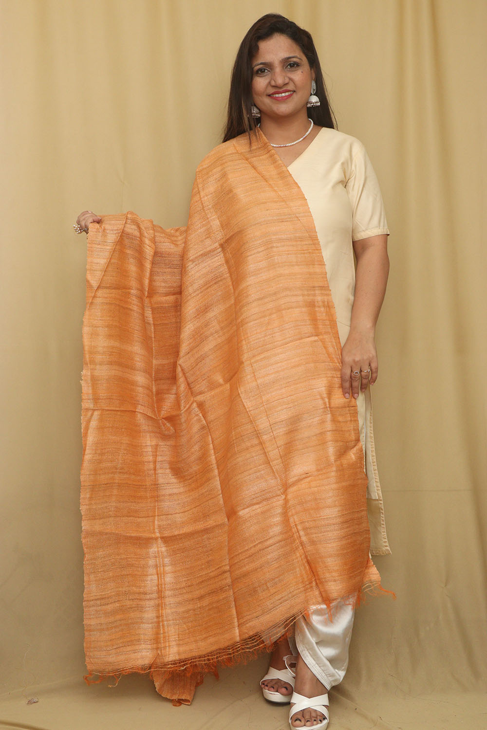 Orange Plain Bhagalpur Pure Ghicha Silk Dupatta - Luxurion World
