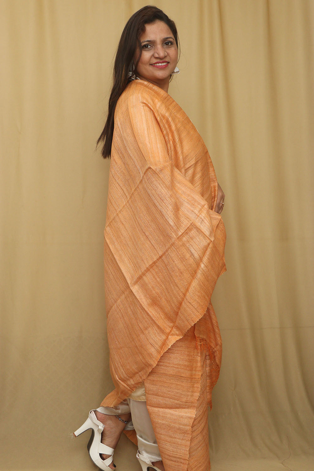 Orange Plain Bhagalpur Pure Ghicha Silk Dupatta - Luxurion World
