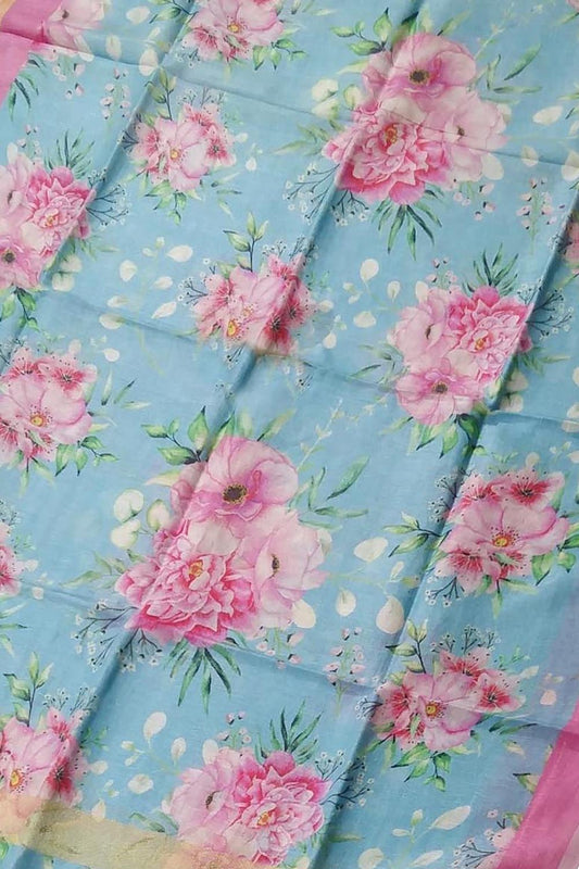 Blue Linen Dupatta with Digital Print - Luxurion World