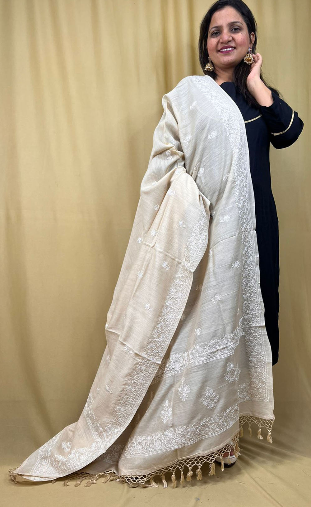 Stunning Dyeable Chikankari Moonga Silk Dupatta - Luxurion World