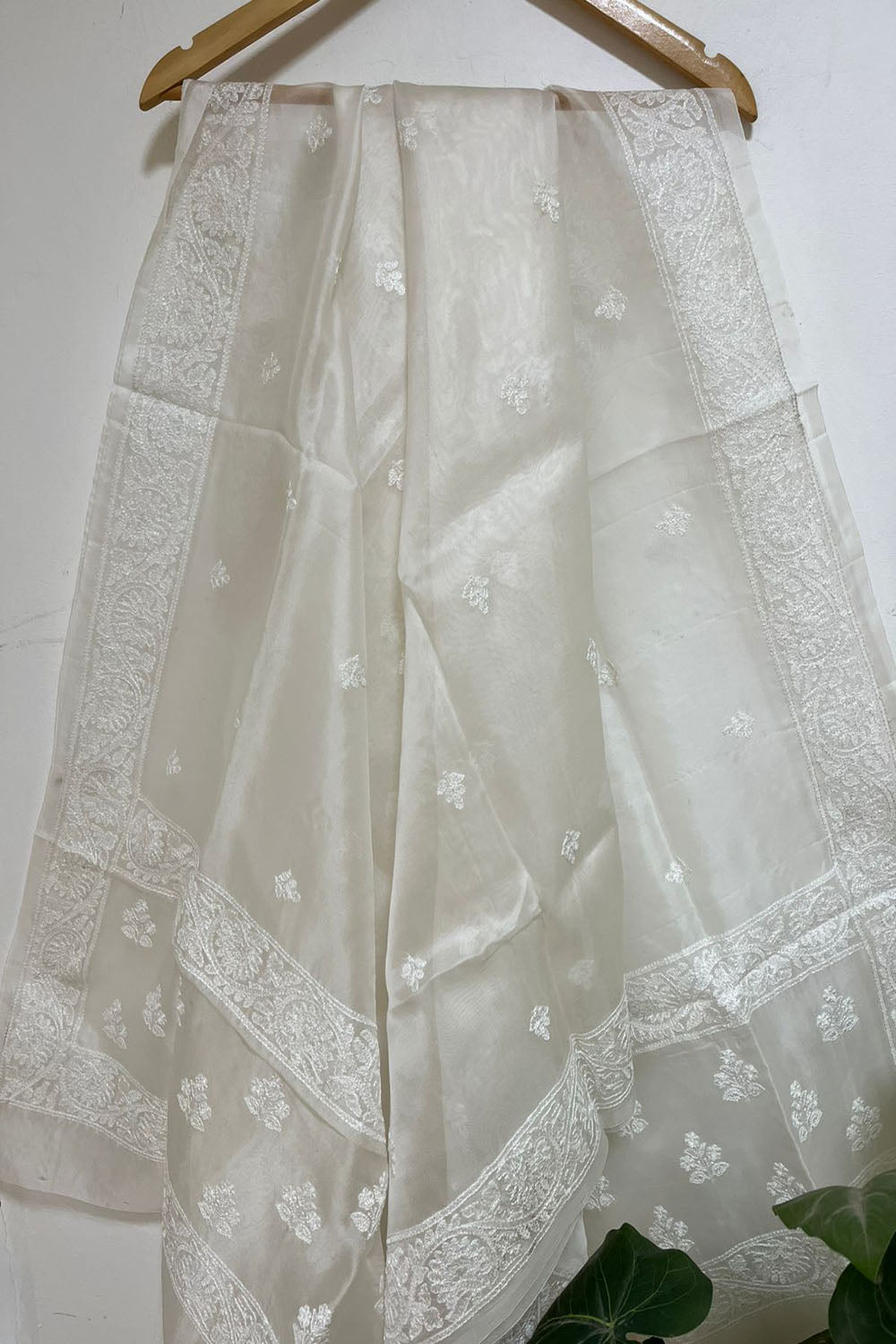 Dyeable Chikankari Organza Silk Dupatta - Luxurion World- Crafted Heirlooms