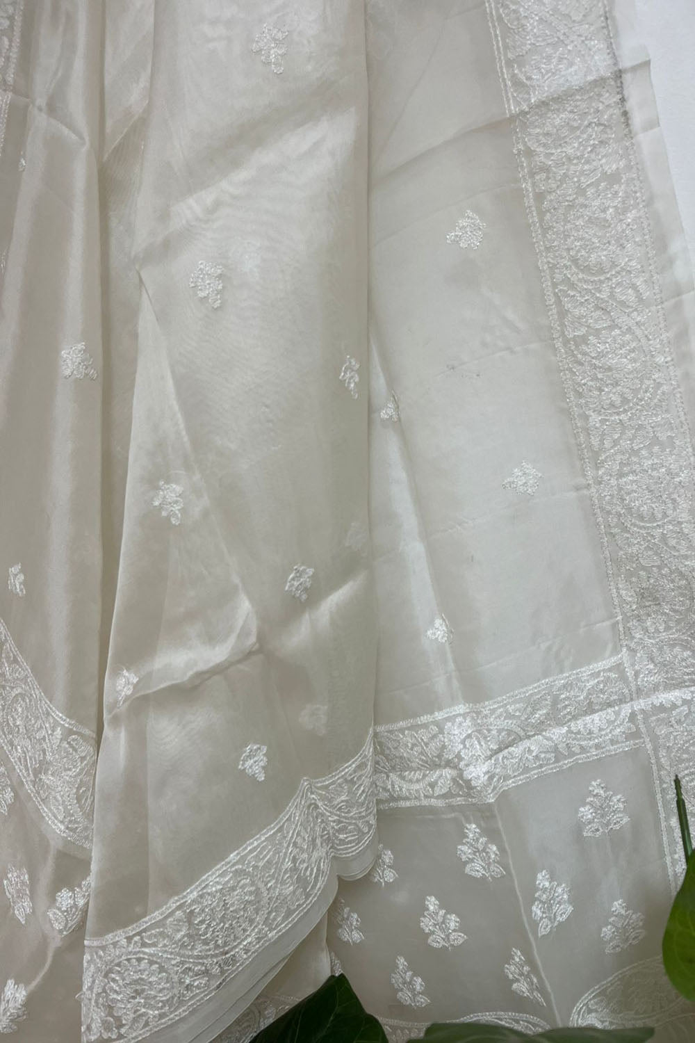 Dyeable Chikankari Organza Silk Dupatta - Luxurion World- Crafted Heirlooms