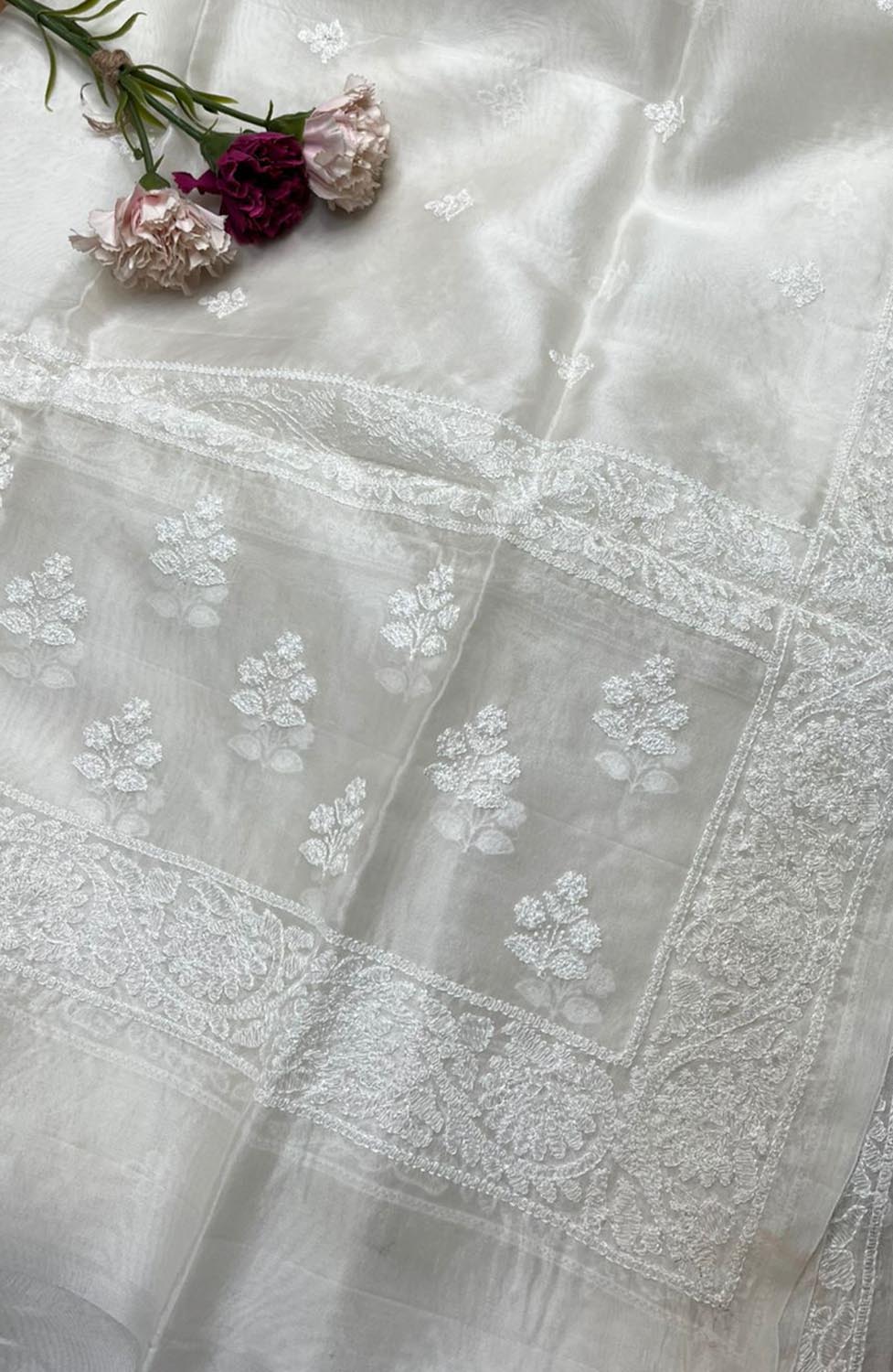 Dyeable Chikankari Organza Silk Dupatta - Luxurion World- Crafted Heirlooms