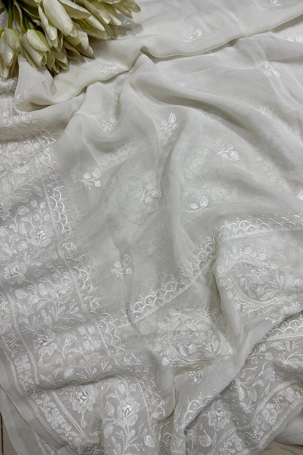 Stunning Dyeable Chikankari Pure Georgette Embroidered Dupatta - Luxurion World- Crafted Heirlooms