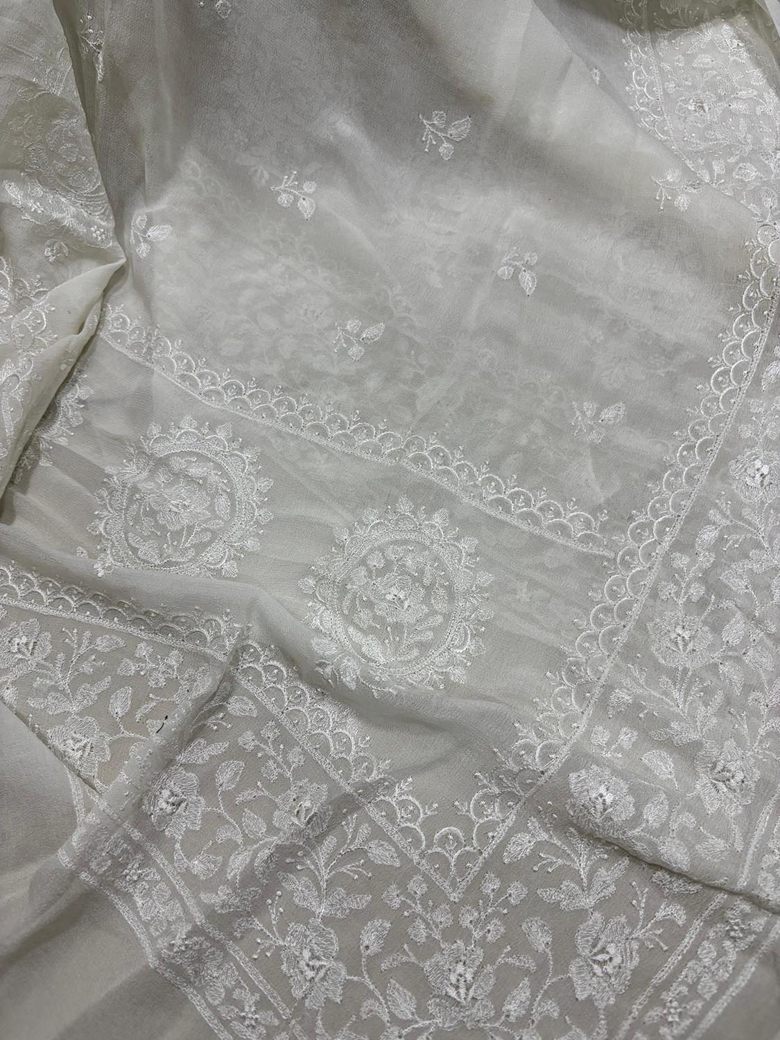Stunning Dyeable Chikankari Pure Georgette Embroidered Dupatta - Luxurion World- Crafted Heirlooms