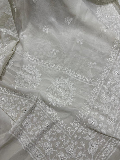 Stunning Dyeable Chikankari Pure Georgette Embroidered Dupatta - Luxurion World