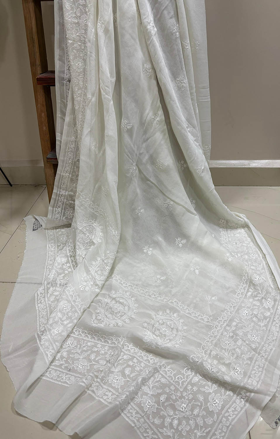 Stunning Dyeable Chikankari Pure Georgette Embroidered Dupatta - Luxurion World- Crafted Heirlooms