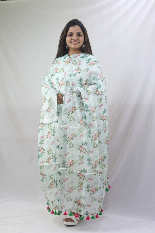 Stylish Green Linen Dupatta with Digital Print for Fashionable Look - Luxurion World