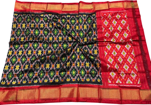Exquisite Black Pure Silk Pochampalli Ikat Dupatta - Luxurion World
