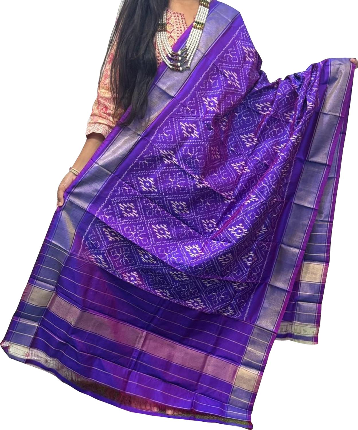 Purple Handloom Pochampally Ikat Pure Silk Dupatta - Luxurion World