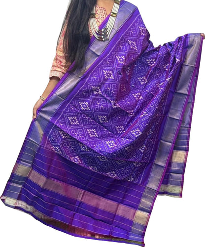 Purple Handloom Pochampally Ikat Pure Silk Dupatta - Luxurion World