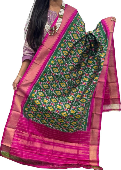 Green Handloom Pochampally Ikat Pure Silk Dupatta - Luxurion World
