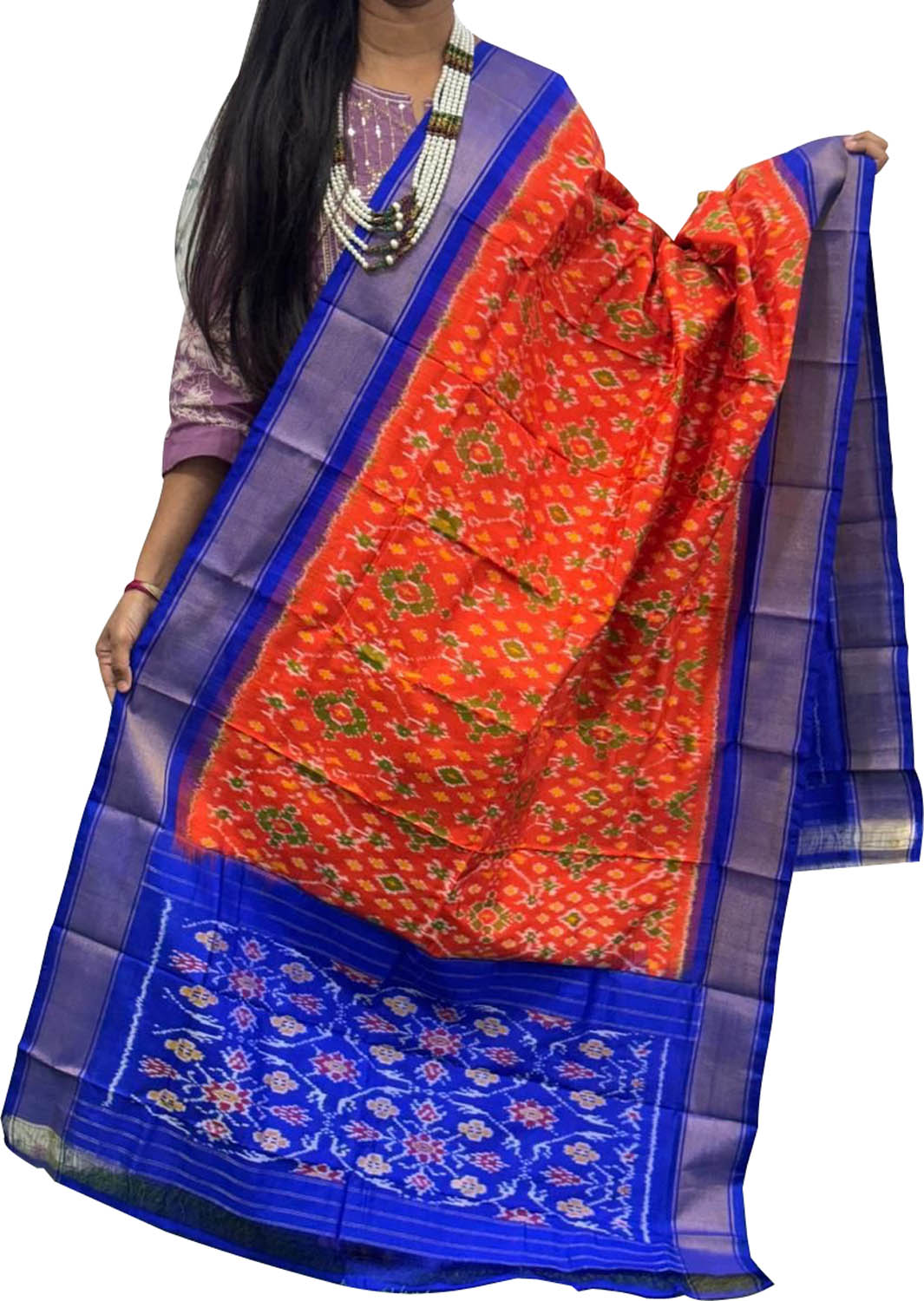 Red Handloom Pochampally Ikat Pure Silk Dupatta - Luxurion World