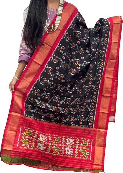 Black Handloom Pochampally Ikat Pure Silk Dupatta - Luxurion World