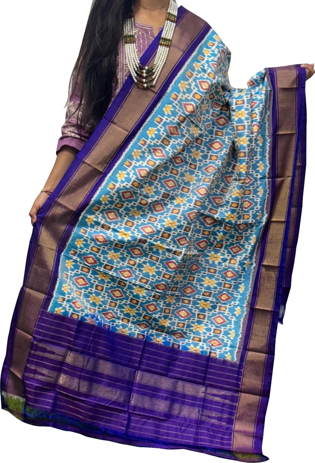 Blue Handloom Pochampally Ikat Pure Silk Dupatta - Luxurion World